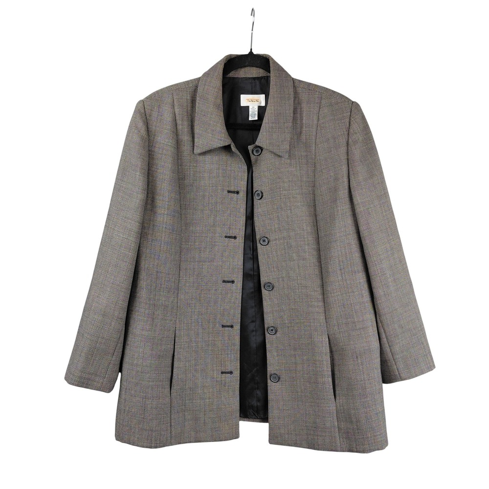 Talbots Womens Grey 100% Wool Micro Check Button Front Blazer Jacket Size 14 USA